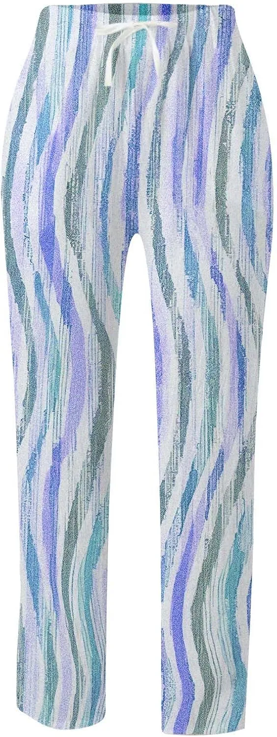 Women's Linen Blend Summer Lightweigt Palazzo Lounge Pants Elastic Waisted Bootcut Slim Fit Trousers Business Work