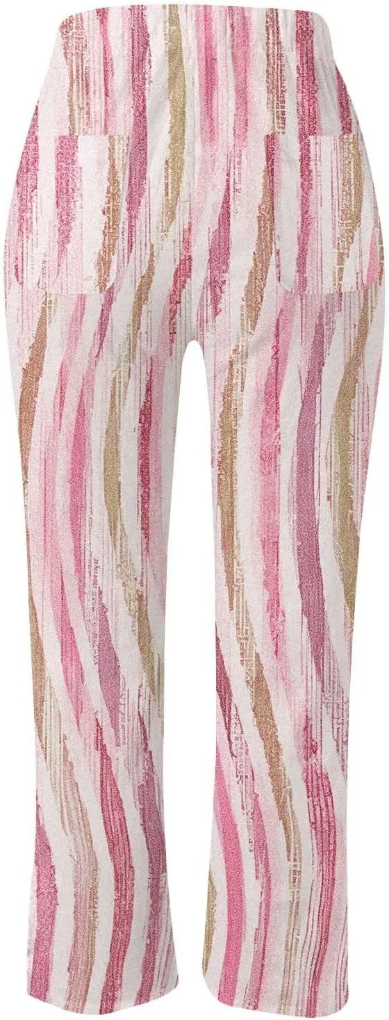 Women's Linen Blend Summer Lightweigt Palazzo Lounge Pants Elastic Waisted Bootcut Slim Fit Trousers Business Work