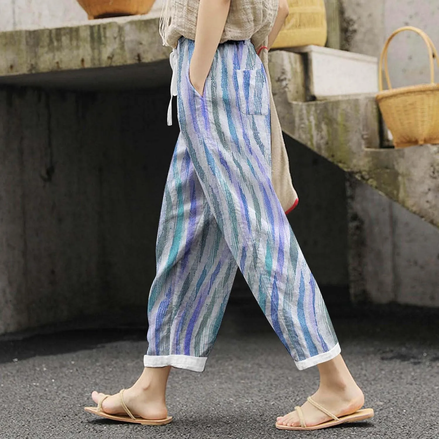 Women's Linen Blend Summer Lightweigt Palazzo Lounge Pants Elastic Waisted Bootcut Slim Fit Trousers Business Work