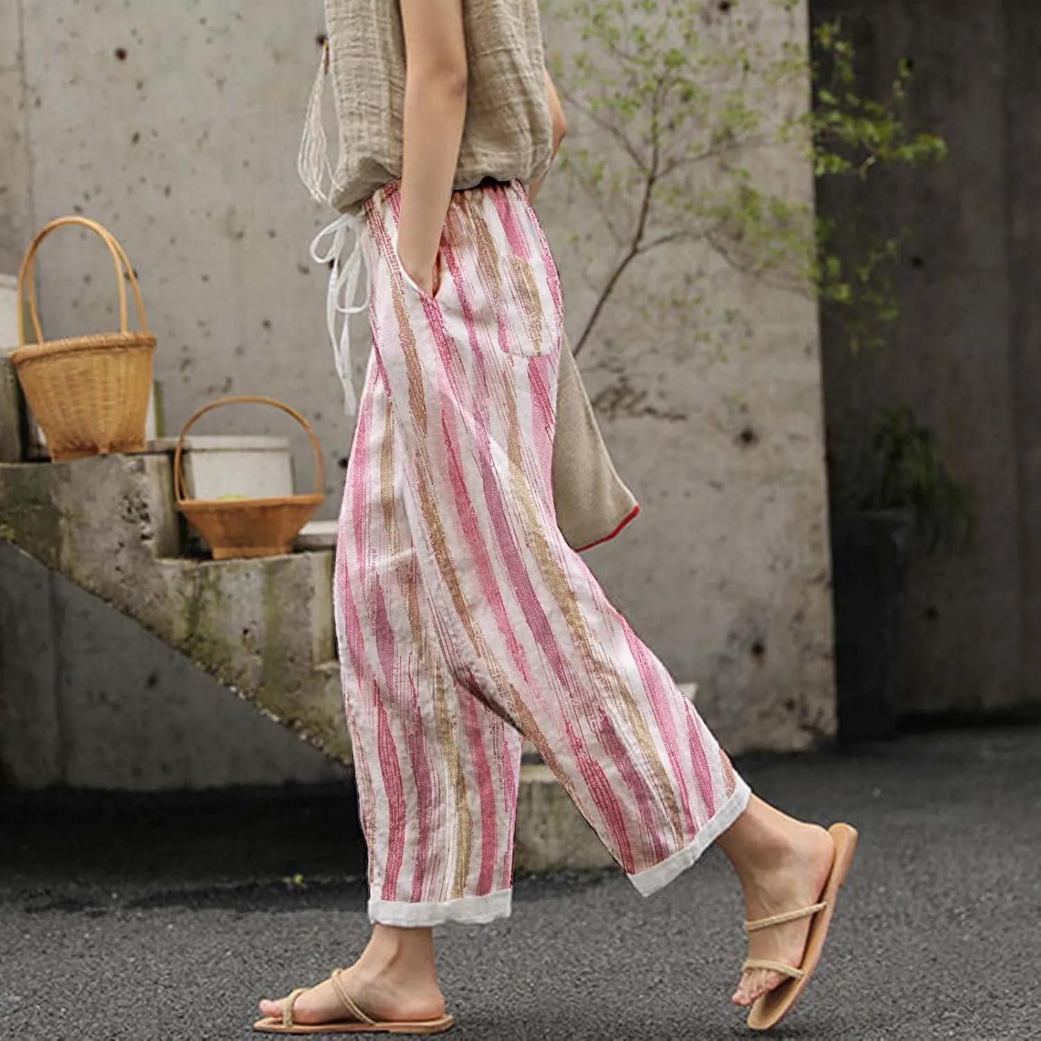 Women's Linen Blend Summer Lightweigt Palazzo Lounge Pants Elastic Waisted Bootcut Slim Fit Trousers Business Work