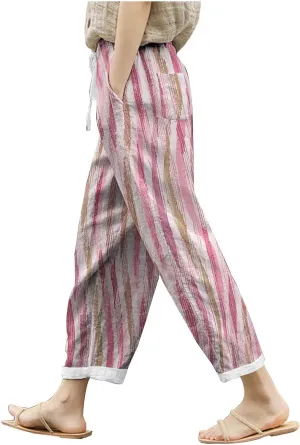 Women's Linen Blend Summer Lightweigt Palazzo Lounge Pants Elastic Waisted Bootcut Slim Fit Trousers Business Work