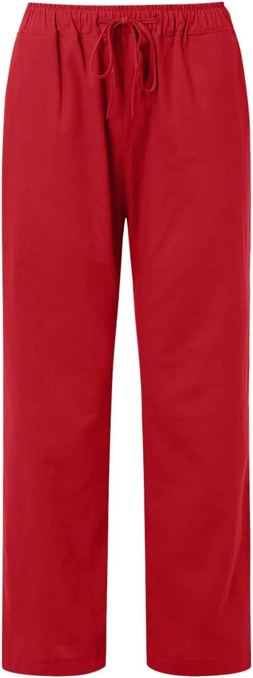 Women's Linen Blend Summer Lightweigt Pant Trousers Elastic Waisted Bootcut Loose Fit Palazzo Lounge Pants Beach