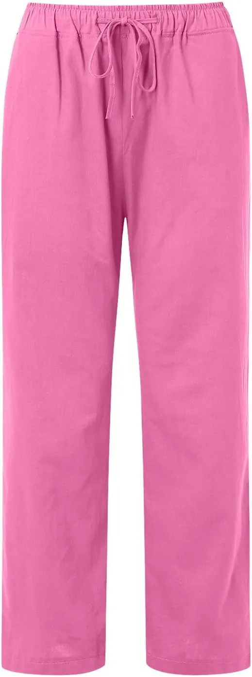 Women's Linen Blend Summer Lightweigt Pant Trousers Elastic Waisted Bootcut Loose Fit Palazzo Lounge Pants Beach