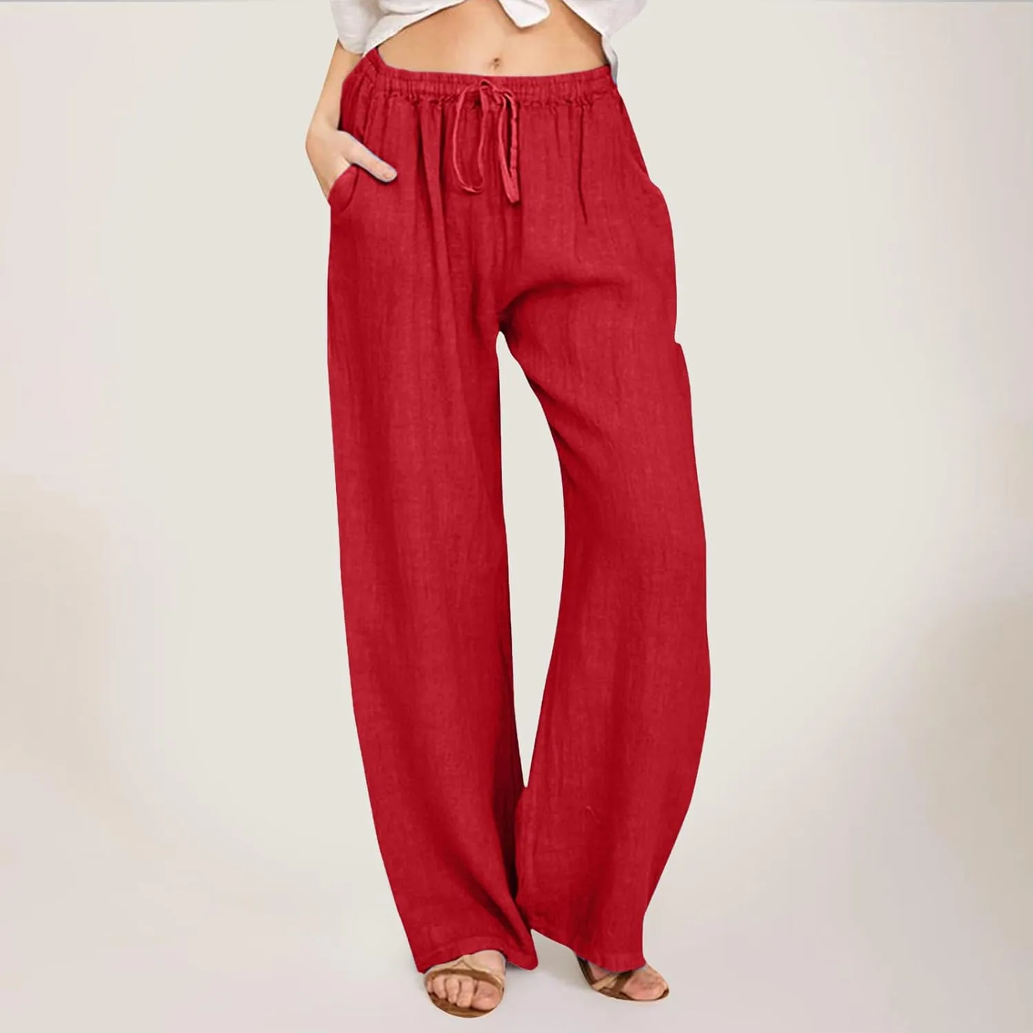 Women's Linen Blend Summer Lightweigt Pant Trousers Elastic Waisted Bootcut Loose Fit Palazzo Lounge Pants Beach