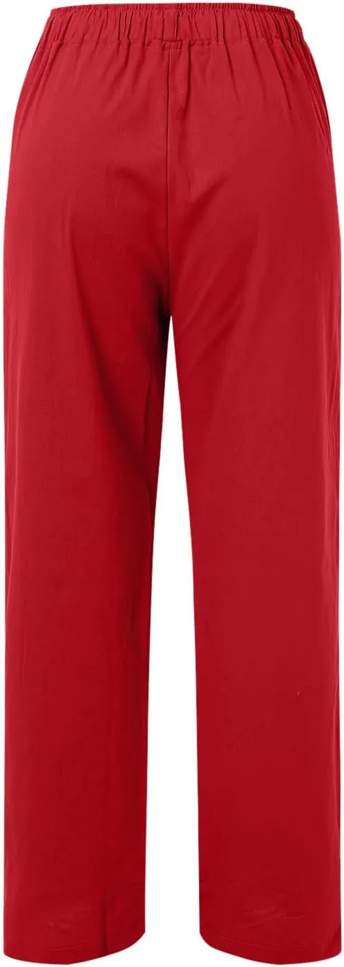 Women's Linen Blend Summer Lightweigt Pant Trousers Elastic Waisted Bootcut Loose Fit Palazzo Lounge Pants Beach