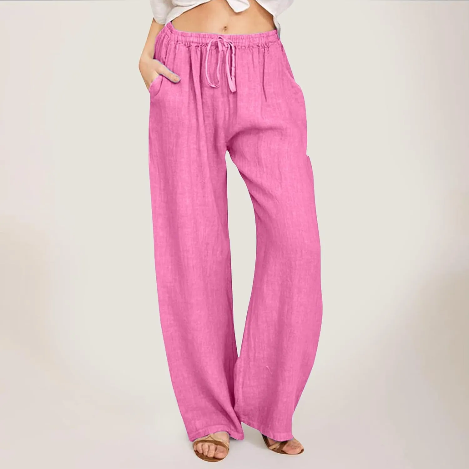 Women's Linen Blend Summer Lightweigt Pant Trousers Elastic Waisted Bootcut Loose Fit Palazzo Lounge Pants Beach