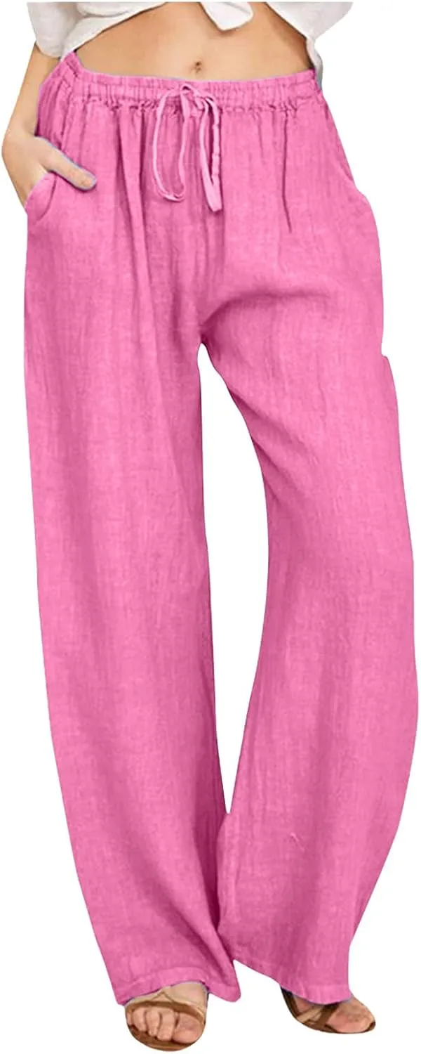 Women's Linen Blend Summer Lightweigt Pant Trousers Elastic Waisted Bootcut Loose Fit Palazzo Lounge Pants Beach