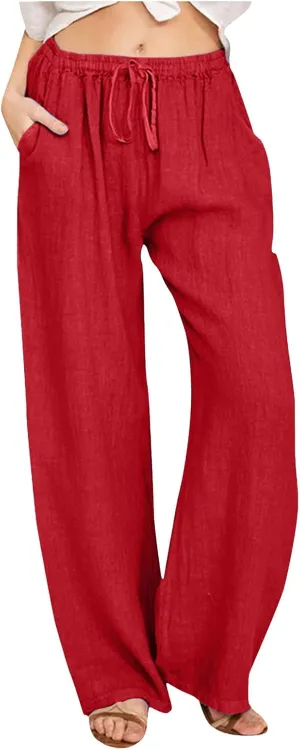 Women's Linen Blend Summer Lightweigt Pant Trousers Elastic Waisted Bootcut Loose Fit Palazzo Lounge Pants Beach