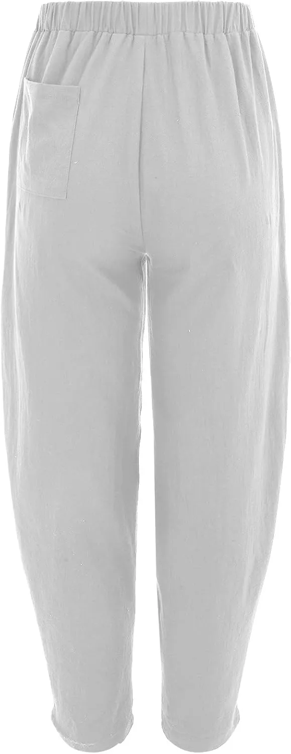Womens Linen Blend Summer Palazzo Palazzo Lounge Pants Elastic Waisted Baggy Stretchy Loose Fit Trousers Vacation