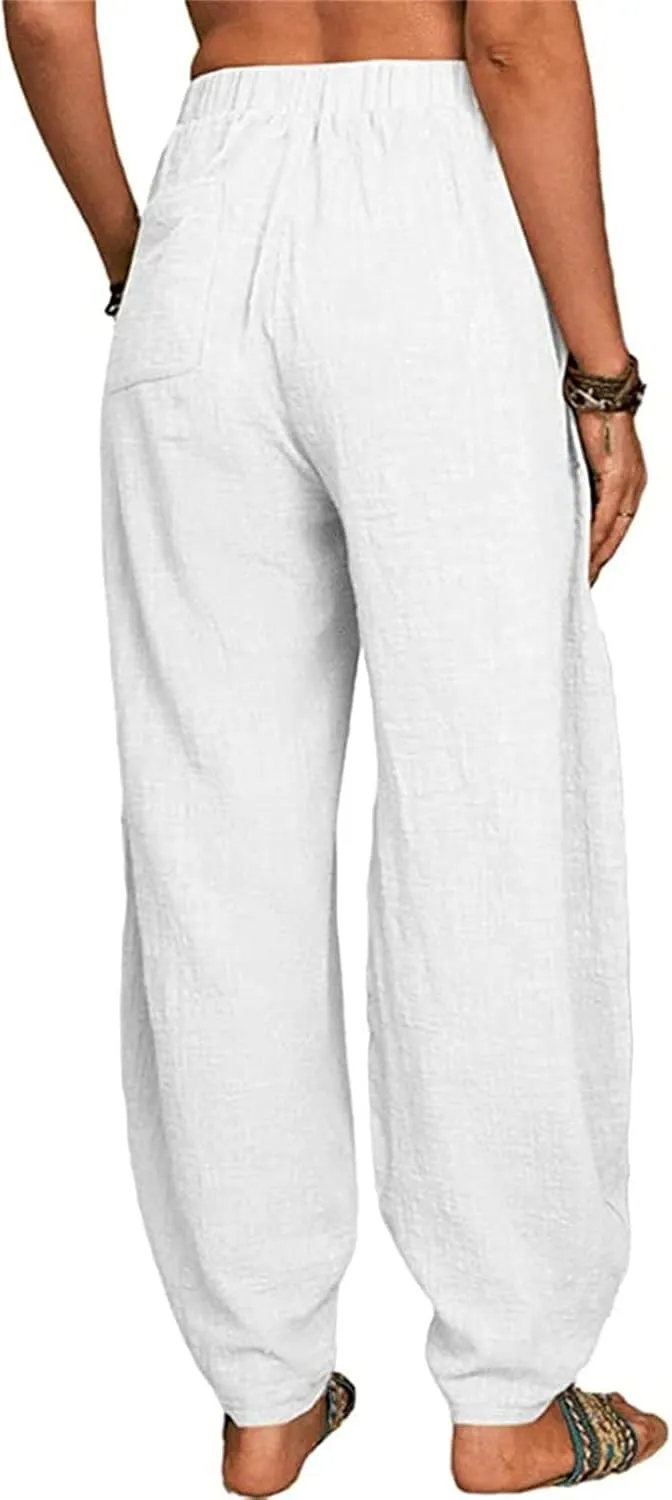 Womens Linen Blend Summer Palazzo Palazzo Lounge Pants Elastic Waisted Baggy Stretchy Loose Fit Trousers Vacation
