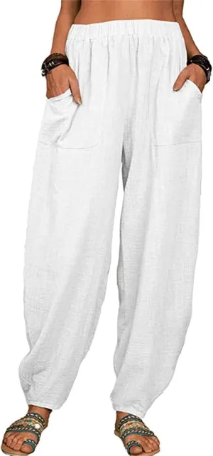 Womens Linen Blend Summer Palazzo Palazzo Lounge Pants Elastic Waisted Baggy Stretchy Loose Fit Trousers Vacation