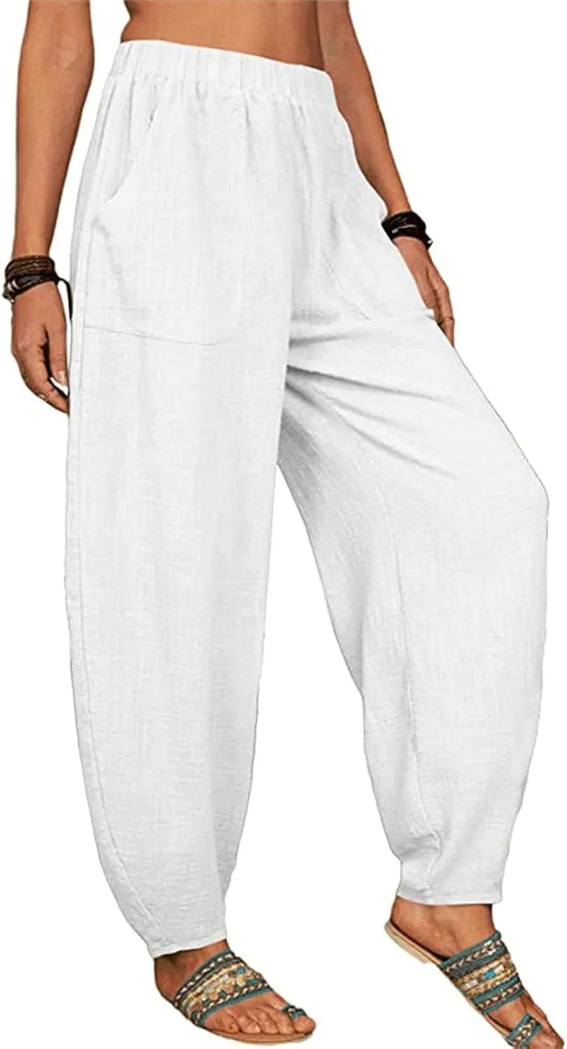 Womens Linen Blend Summer Palazzo Palazzo Lounge Pants Elastic Waisted Baggy Stretchy Loose Fit Trousers Vacation