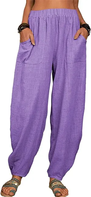 Womens Linen Blend Summer Palazzo Palazzo Lounge Pants Elastic Waisted Baggy Stretchy Loose Fit Trousers Vacation