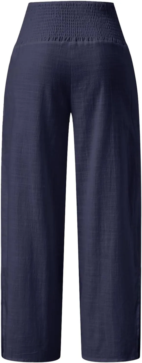 Womens Linen Blend Summer Print Palazzo Pants High Waist Wide Leg Loose Fit Pants Work Business