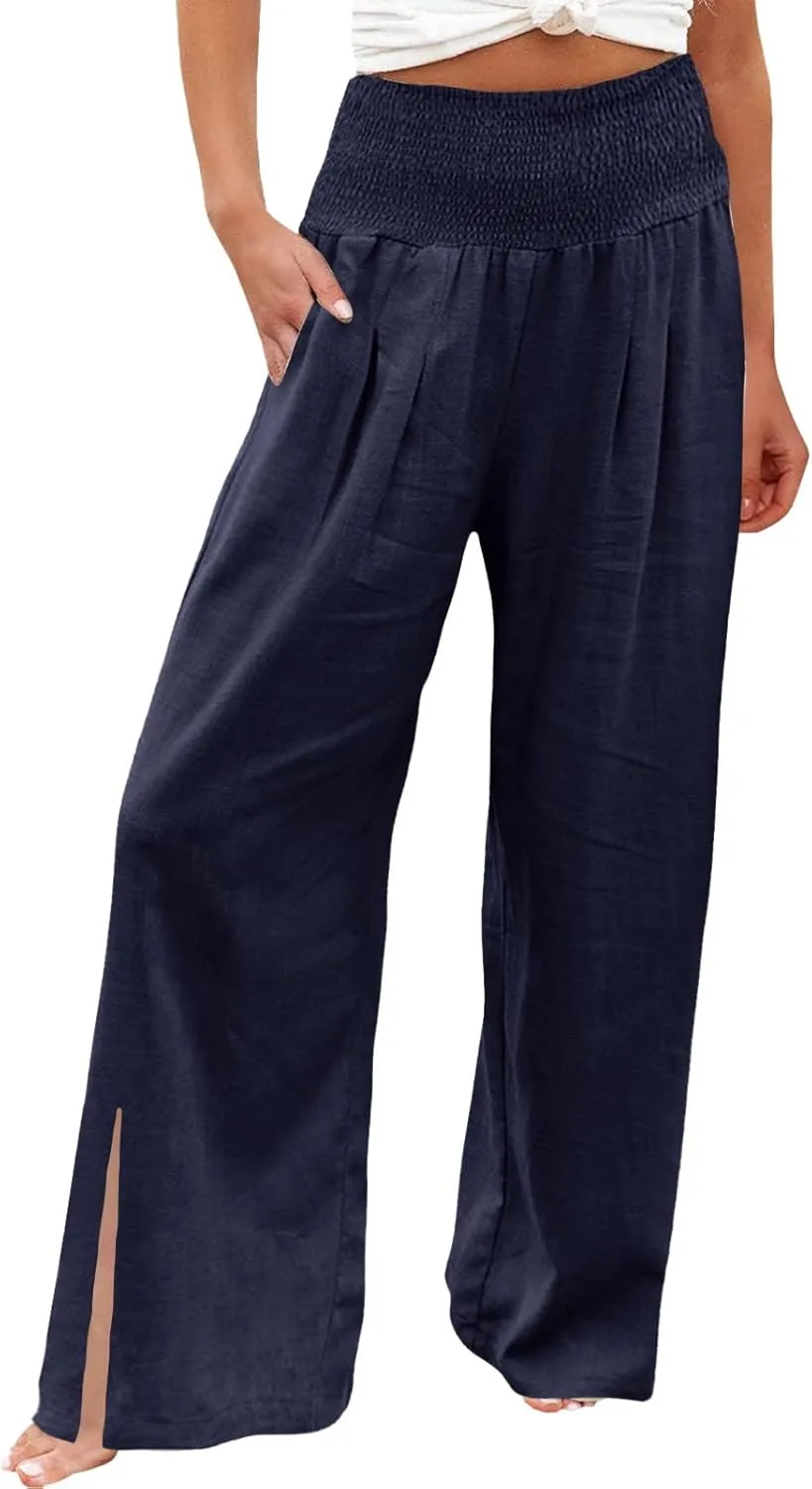 Womens Linen Blend Summer Print Palazzo Pants High Waist Wide Leg Loose Fit Pants Work Business