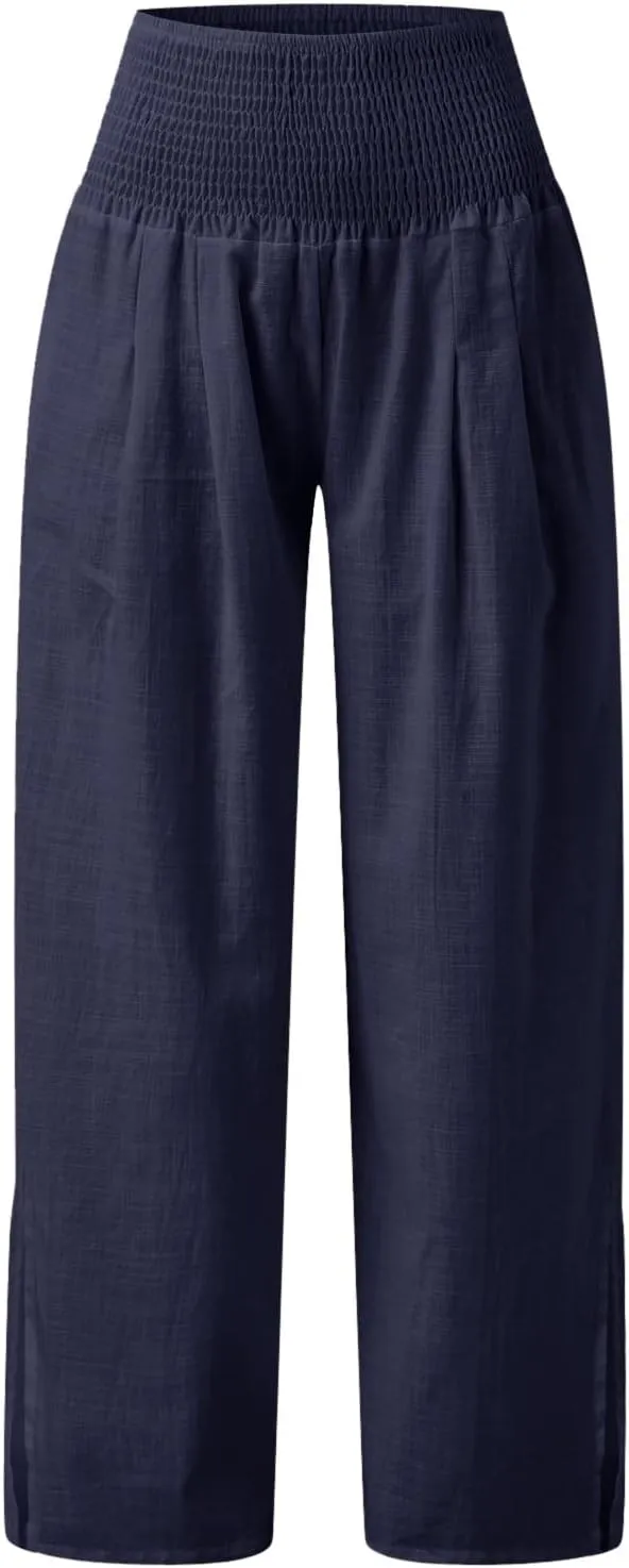 Womens Linen Blend Summer Print Palazzo Pants High Waist Wide Leg Loose Fit Pants Work Business