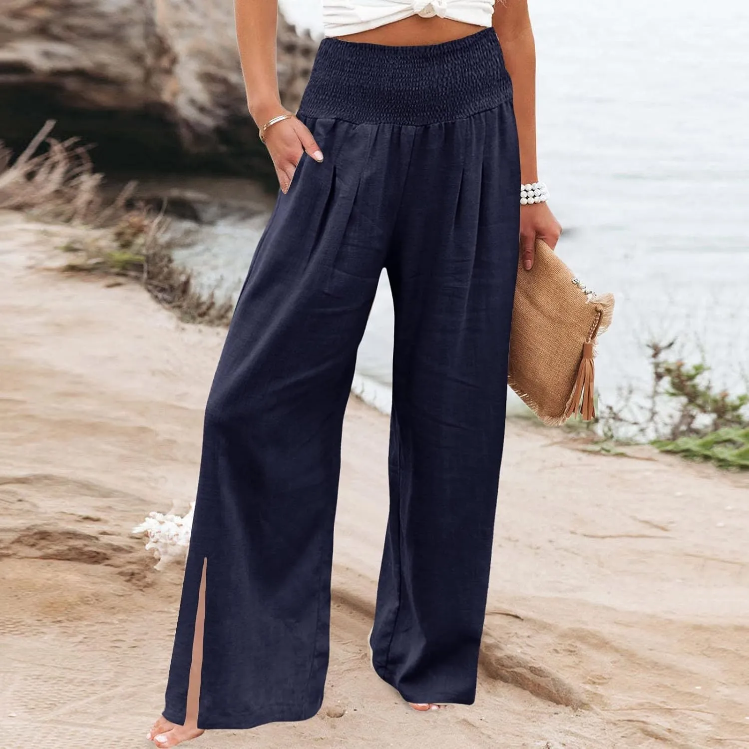 Womens Linen Blend Summer Print Palazzo Pants High Waist Wide Leg Loose Fit Pants Work Business