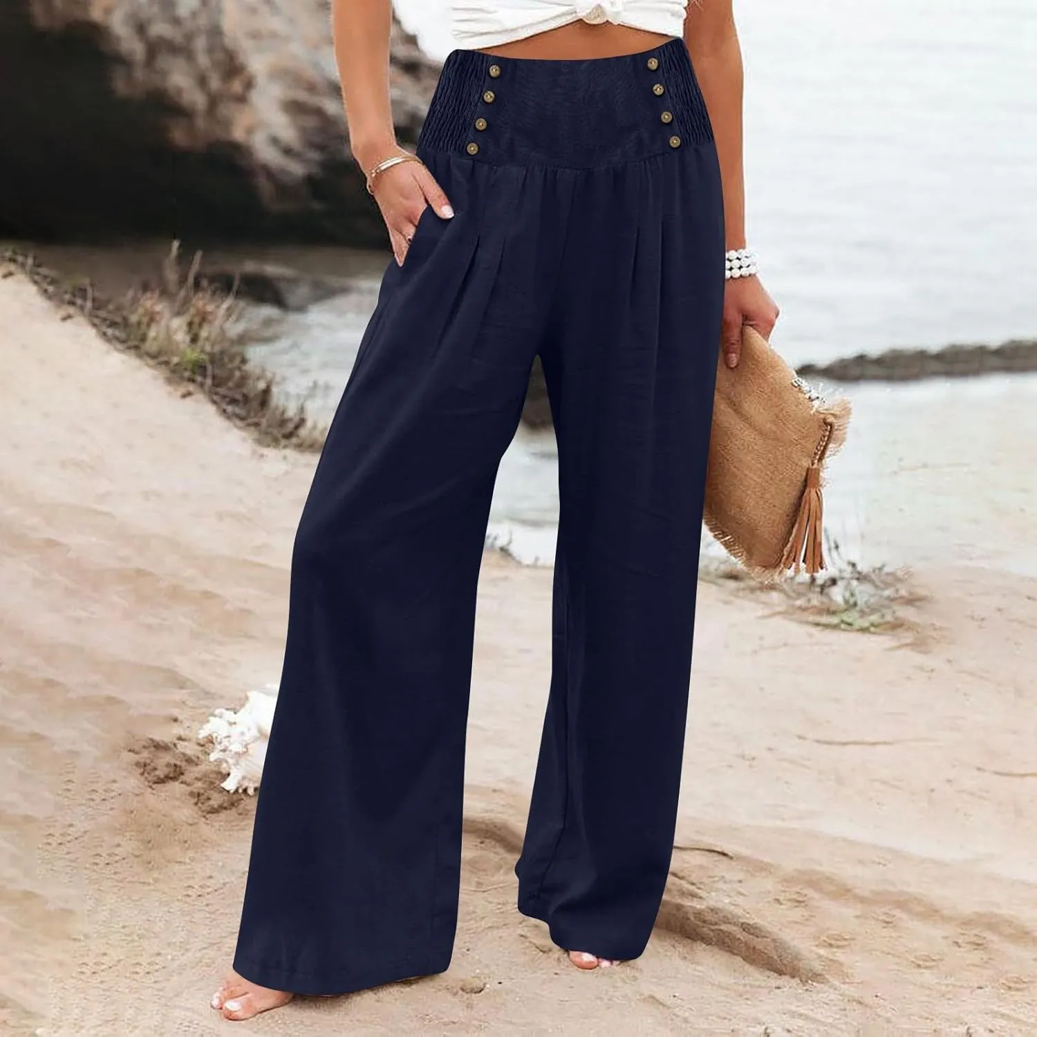 Womens Linen Blend Summer Print Palazzo Pants Low Waist Ankle Length Loose Fit Trouser Business Work