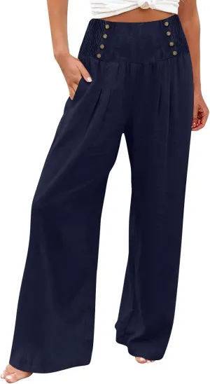 Womens Linen Blend Summer Print Palazzo Pants Low Waist Ankle Length Loose Fit Trouser Business Work