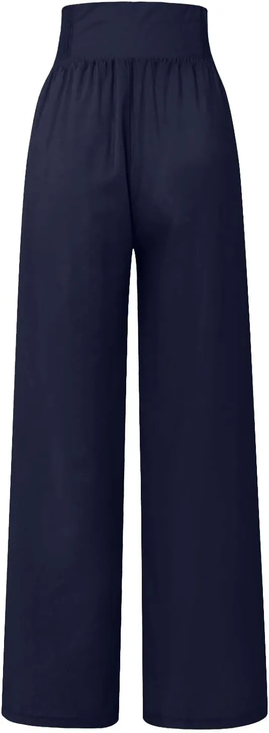 Womens Linen Blend Summer Print Palazzo Pants Low Waist Ankle Length Loose Fit Trouser Business Work