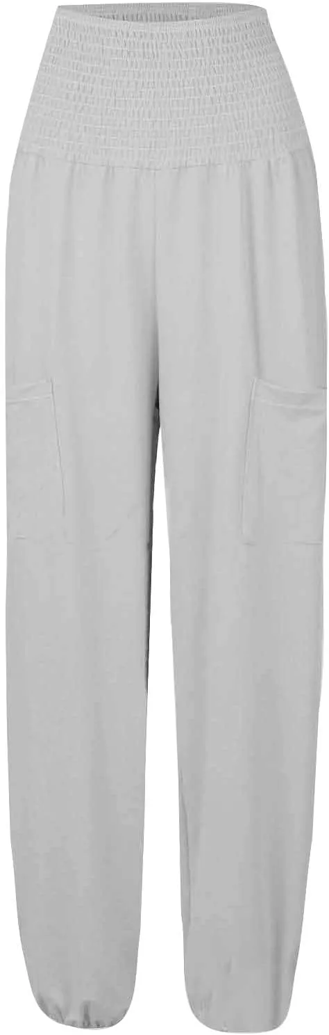 Womens Linen Blend Summer Split Flowy Pant Trousers Elastic Waist Long Lounge Loose Fit Palazzo Lounge Pants Office