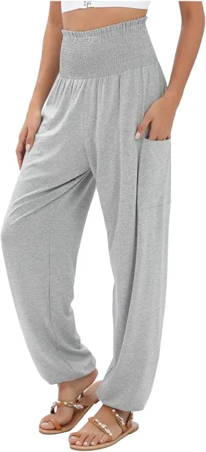 Womens Linen Blend Summer Split Flowy Pant Trousers Elastic Waist Long Lounge Loose Fit Palazzo Lounge Pants Office