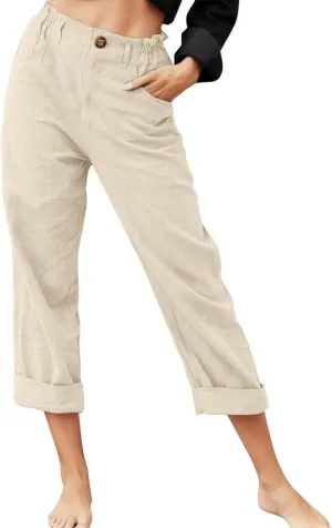 Women's Linen Blend Summer Tie Knot Pant Trousers Elastic Waist Wide Leg Loose Fit Trousers Office