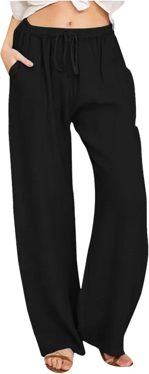 Women's Linen Blend Summer Y2K Streetwear Pant Trousers Elastic Waist Lounge Pants Slim Fit Pants Travel