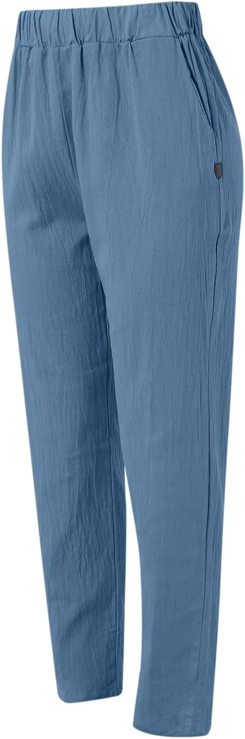 Womens Linen Blend Summer Y2K Streetwear Pants Elastic Waisted Baggy Stretchy Plus Size Trousers Beach