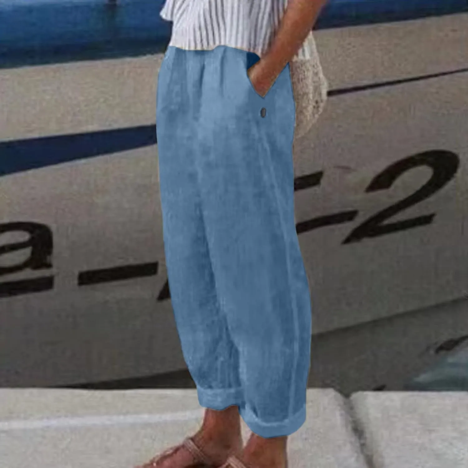 Womens Linen Blend Summer Y2K Streetwear Pants Elastic Waisted Baggy Stretchy Plus Size Trousers Beach
