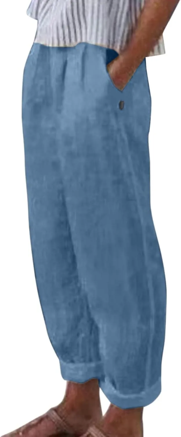 Womens Linen Blend Summer Y2K Streetwear Pants Elastic Waisted Baggy Stretchy Plus Size Trousers Beach