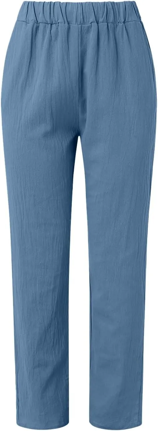 Womens Linen Blend Summer Y2K Streetwear Pants Elastic Waisted Baggy Stretchy Plus Size Trousers Beach