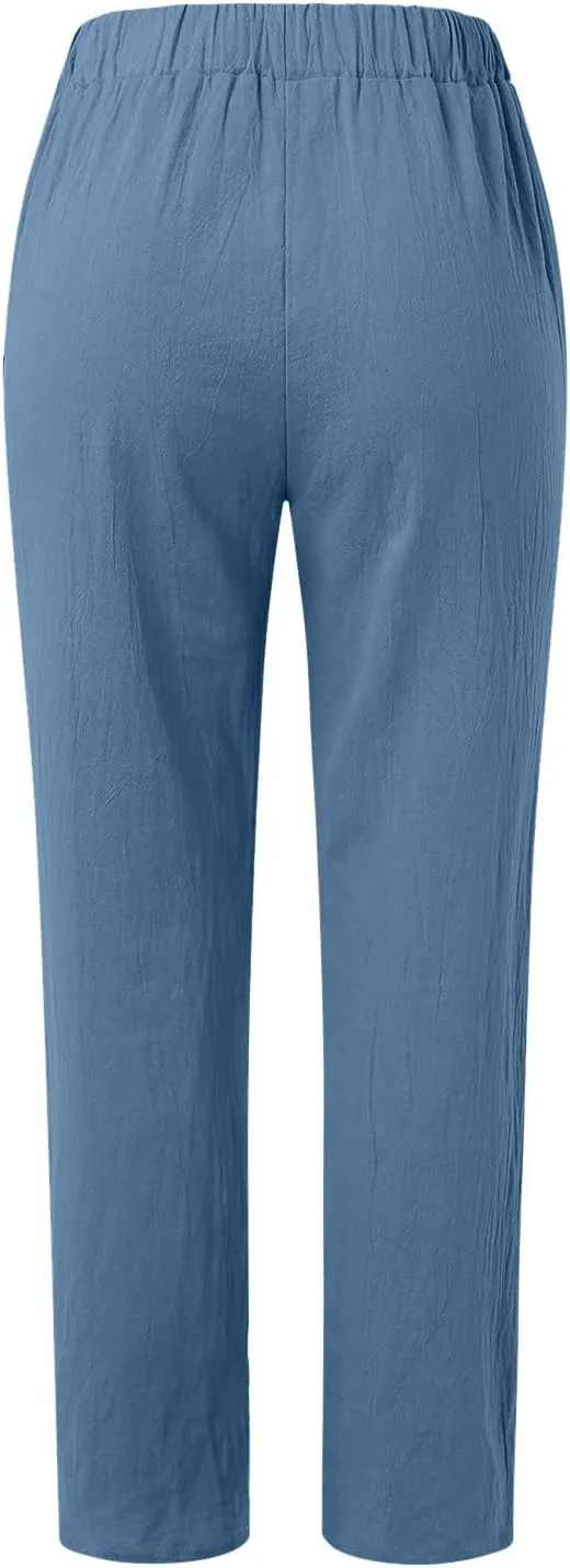Womens Linen Blend Summer Y2K Streetwear Pants Elastic Waisted Baggy Stretchy Plus Size Trousers Beach