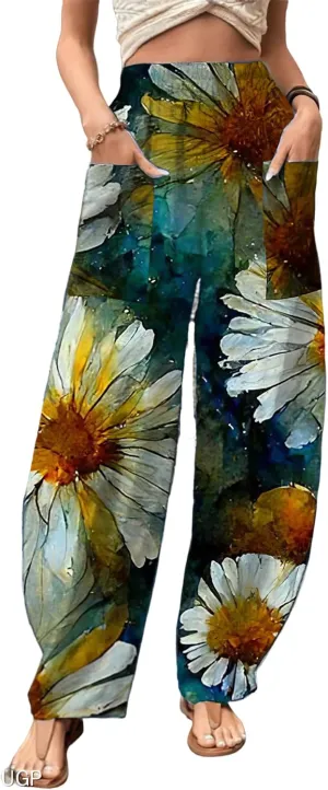 Womens Linen Elastic High Waist Harem Cropped Pants Casual Floral Baggy Linen Wide Leg Capri Pants Trousers with Pockets