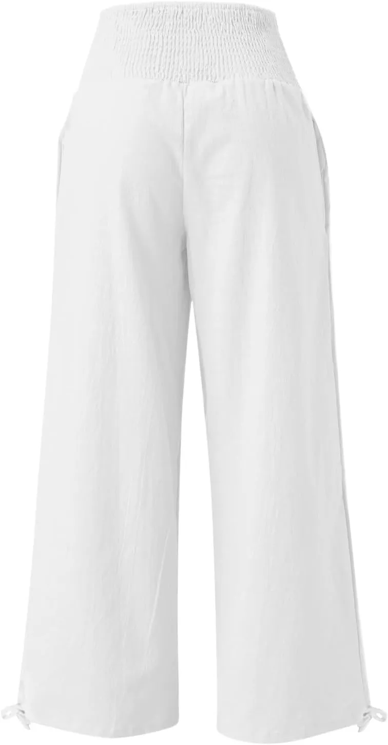 Womens Linen Palazzo Pants Casual Summer Wide Leg High Waist Slacks Plus Size Boho Beach Travel Trousers with Pockets