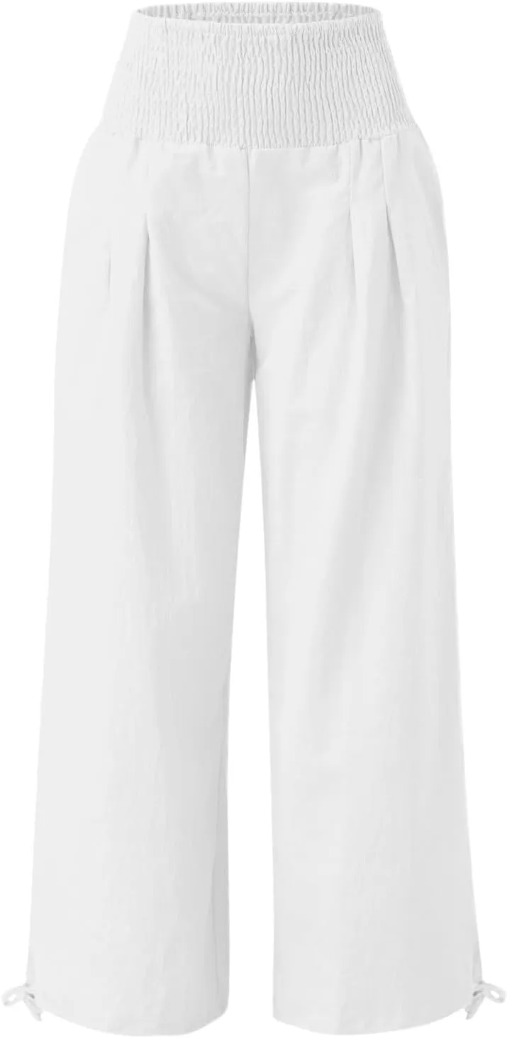 Womens Linen Palazzo Pants Casual Summer Wide Leg High Waist Slacks Plus Size Boho Beach Travel Trousers with Pockets