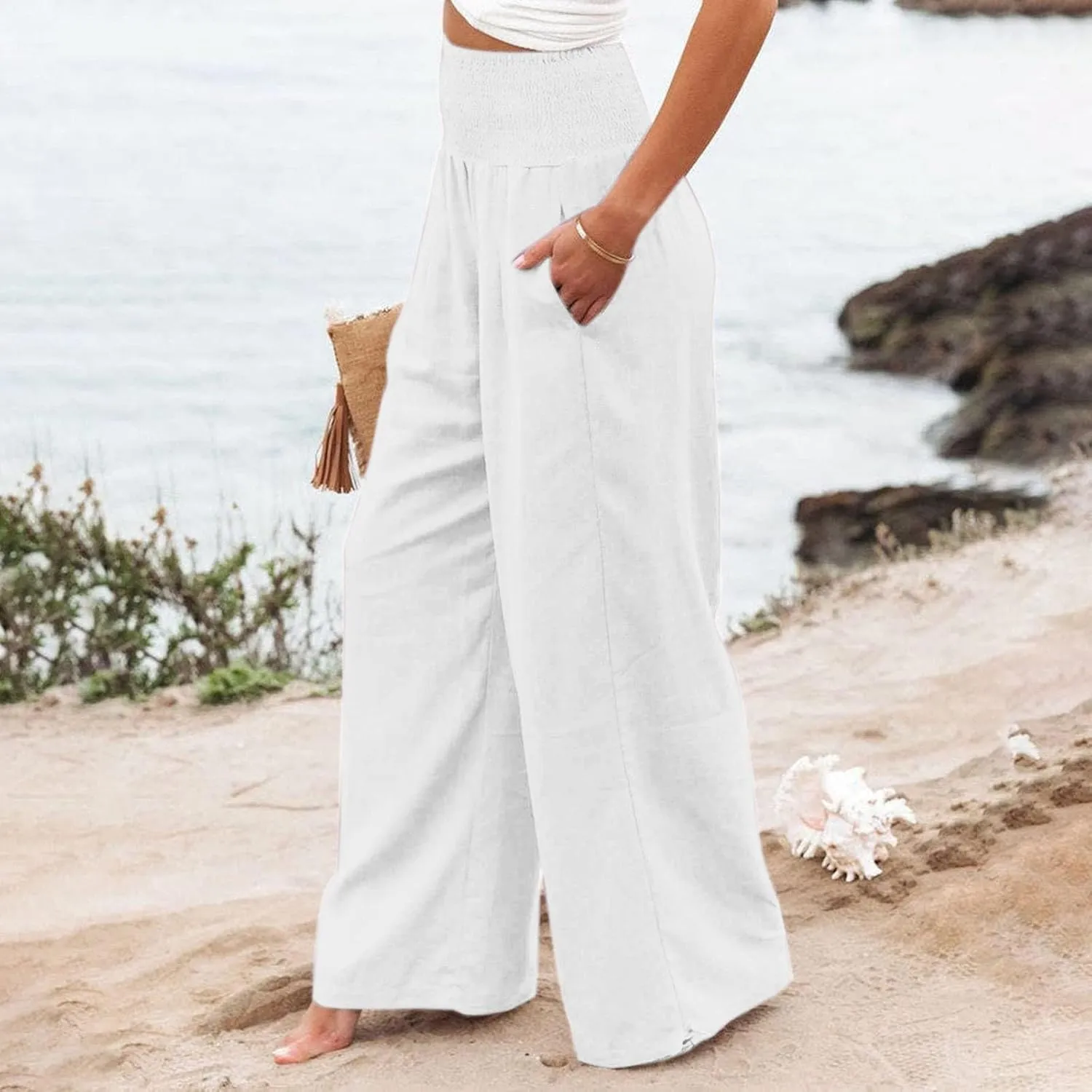 Womens Linen Palazzo Pants Casual Summer Wide Leg High Waist Slacks Plus Size Boho Beach Travel Trousers with Pockets