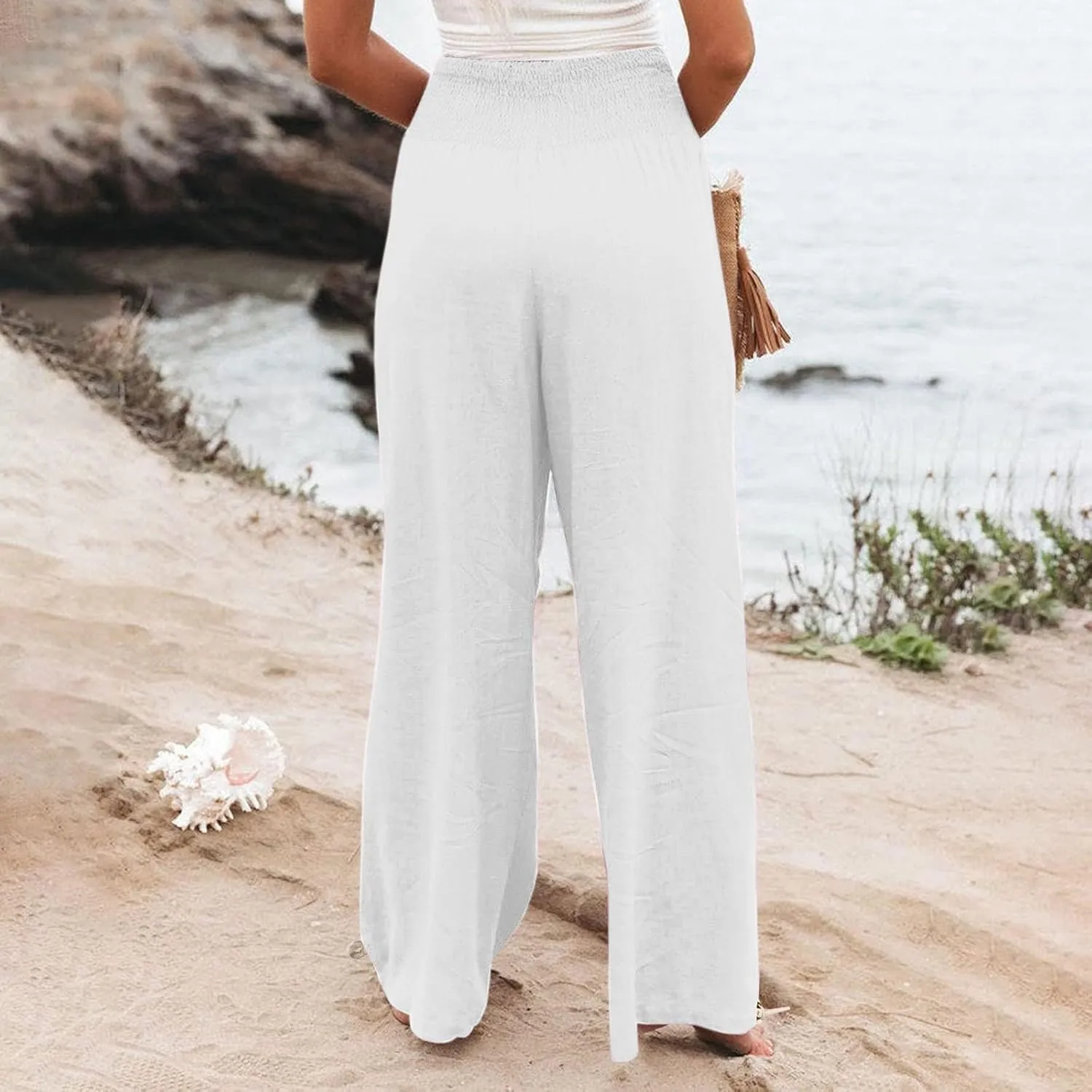 Womens Linen Palazzo Pants Casual Summer Wide Leg High Waist Slacks Plus Size Boho Beach Travel Trousers with Pockets