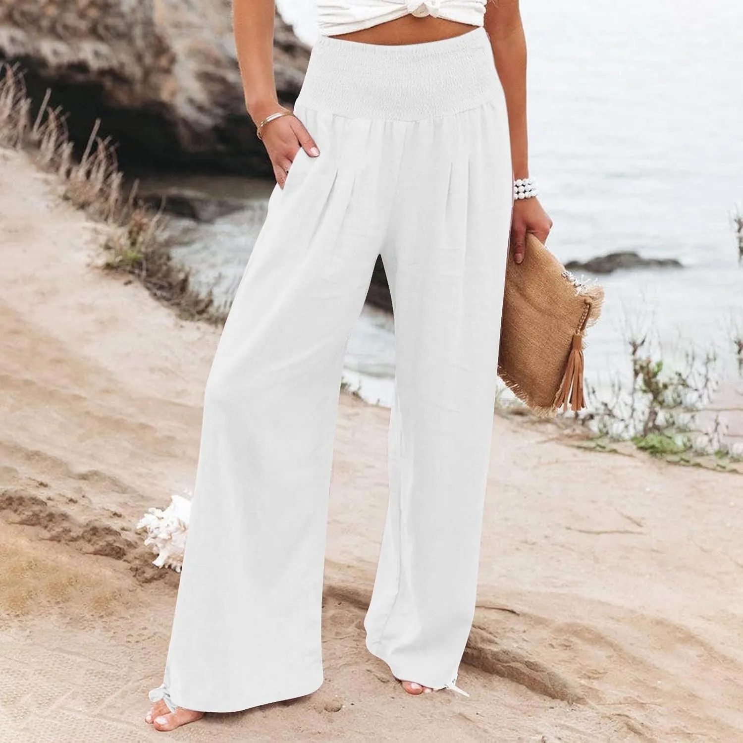 Womens Linen Palazzo Pants Casual Summer Wide Leg High Waist Slacks Plus Size Boho Beach Travel Trousers with Pockets