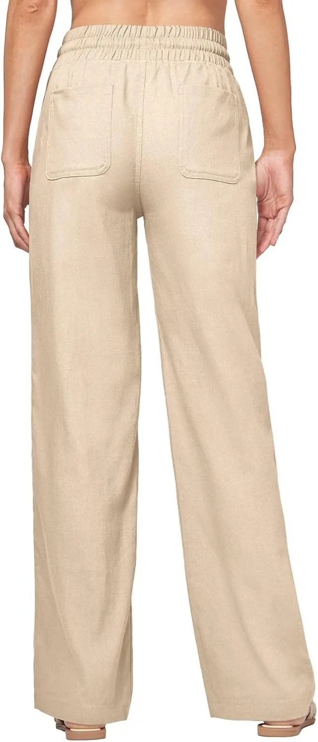 Womens Linen Pant Summer Elastic High Waist Wide Leg Pant Casual Solid Color Drawstring Straight Trouser with Pocket