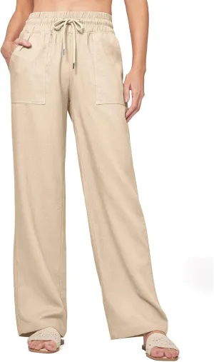 Womens Linen Pant Summer Elastic High Waist Wide Leg Pant Casual Solid Color Drawstring Straight Trouser with Pocket