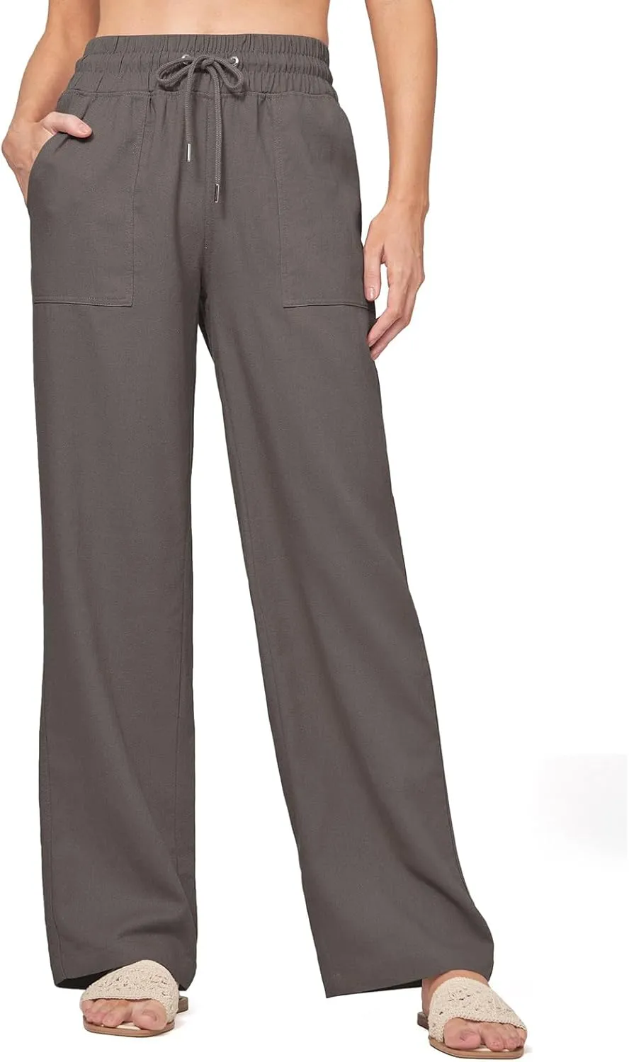 Womens Linen Pant Summer Elastic High Waist Wide Leg Pant Casual Solid Color Drawstring Straight Trouser with Pocket