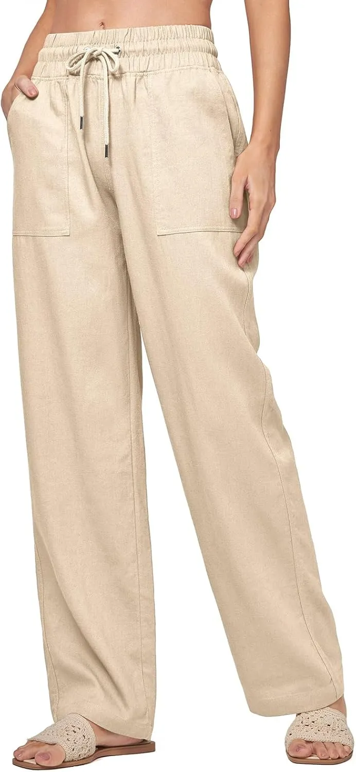Womens Linen Pant Summer Elastic High Waist Wide Leg Pant Casual Solid Color Drawstring Straight Trouser with Pocket