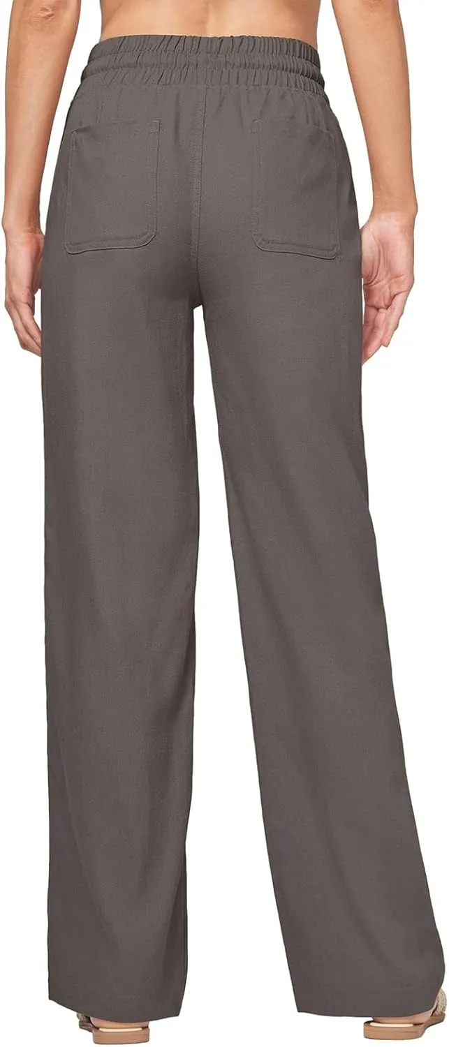 Womens Linen Pant Summer Elastic High Waist Wide Leg Pant Casual Solid Color Drawstring Straight Trouser with Pocket