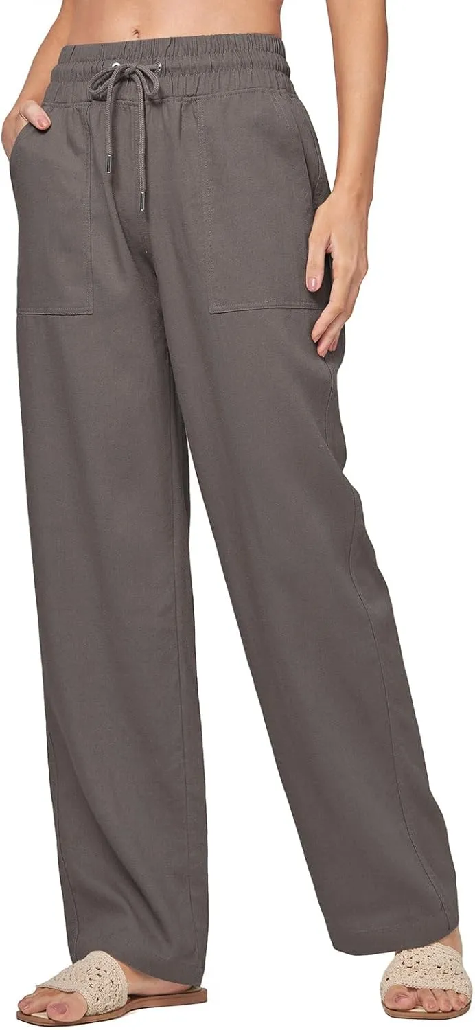 Womens Linen Pant Summer Elastic High Waist Wide Leg Pant Casual Solid Color Drawstring Straight Trouser with Pocket