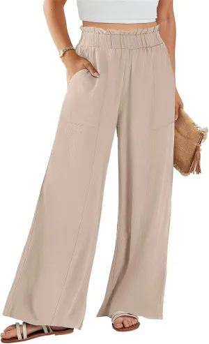 Womens Linen Pants 2025 Summer Casual Wide Leg Elastic High Waist Palazzo Pant Flowy Beach Trouser Work Office Slacks