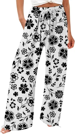 Womens Linen Pants Boho Wide Leg High Waisted Palazzo Retro Printed Pants Summer Flowy Beach Lounge Casual Clothes