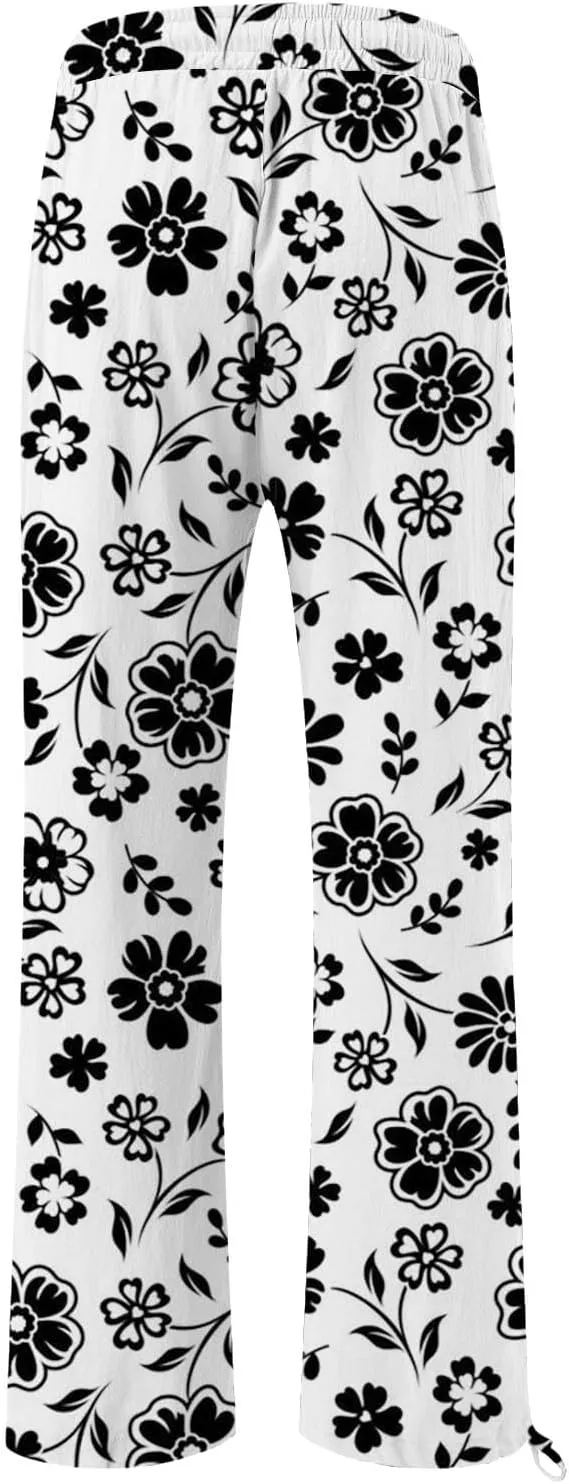 Womens Linen Pants Boho Wide Leg High Waisted Palazzo Retro Printed Pants Summer Flowy Beach Lounge Casual Clothes
