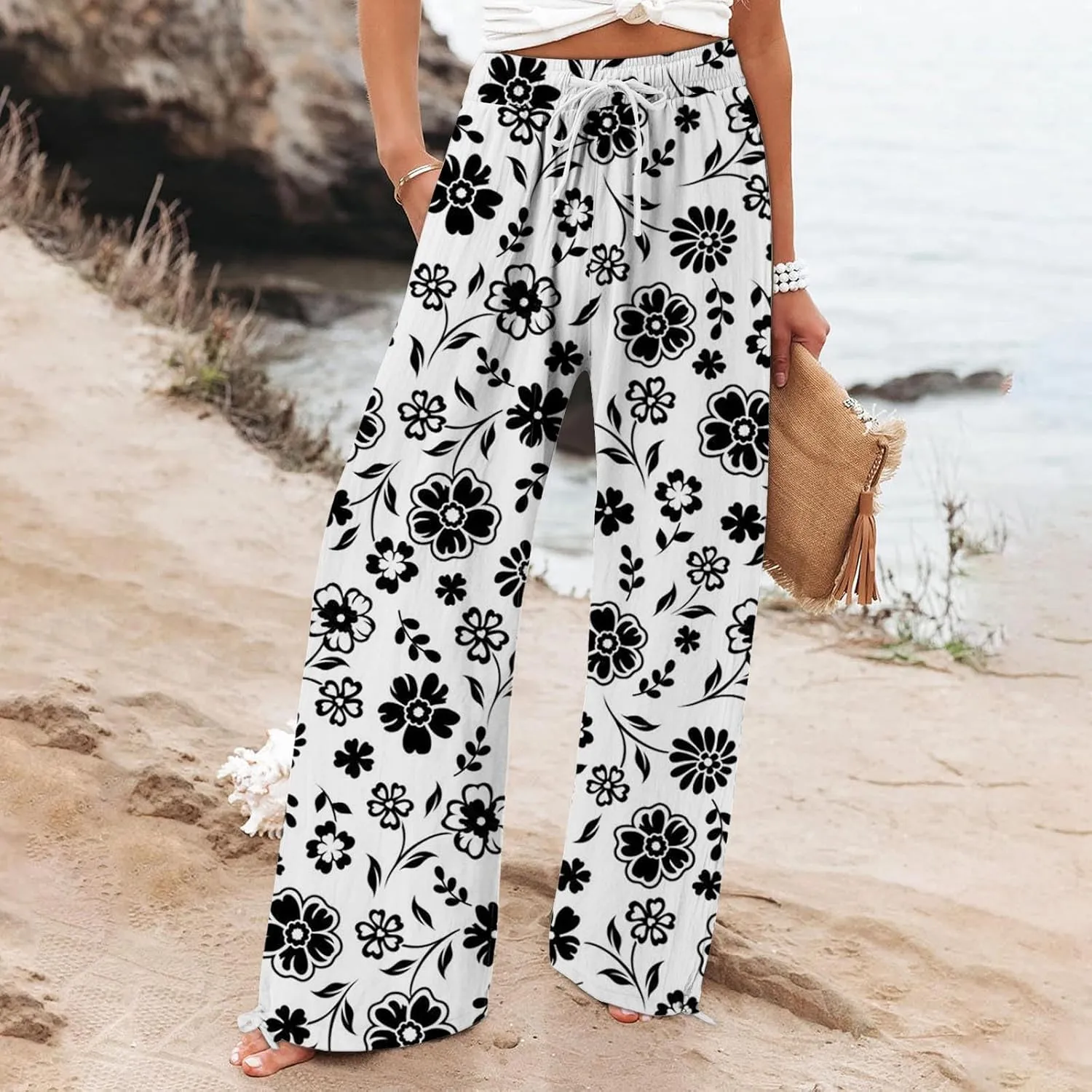 Womens Linen Pants Boho Wide Leg High Waisted Palazzo Retro Printed Pants Summer Flowy Beach Lounge Casual Clothes