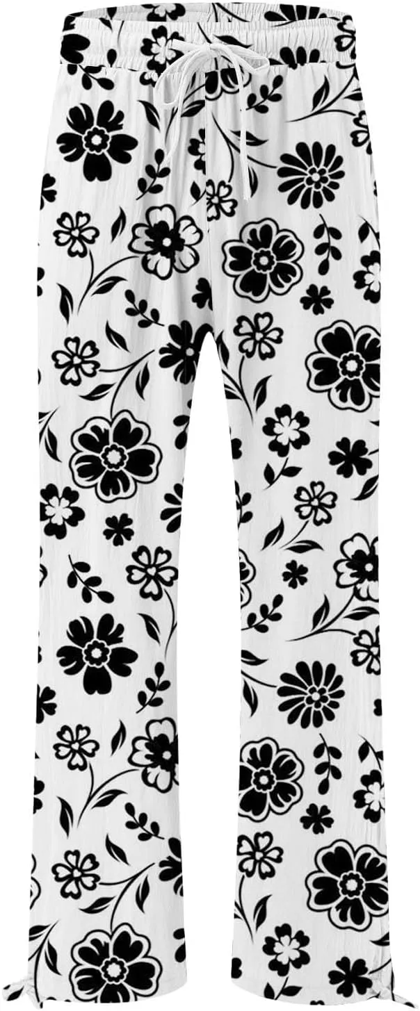 Womens Linen Pants Boho Wide Leg High Waisted Palazzo Retro Printed Pants Summer Flowy Beach Lounge Casual Clothes